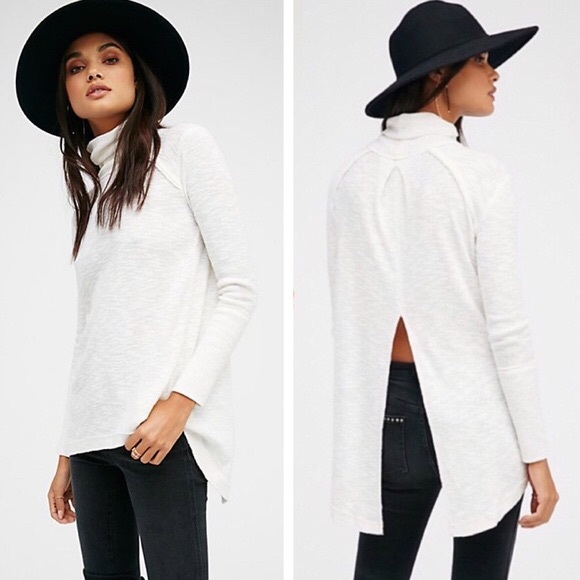 Free People Tops - Free People Slub White Split Back Turtleneck